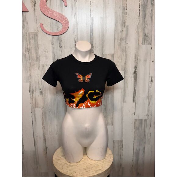 Butterfly Flame Graphic Crop Top Black Stretch Tee Size XS - Picture 5 of 8
